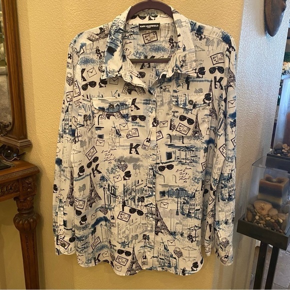 KARL LAGERFELD Women Paris Eiffel Tower All Over Print Long Sleeve Top Size XL - Picture 1 of 7
